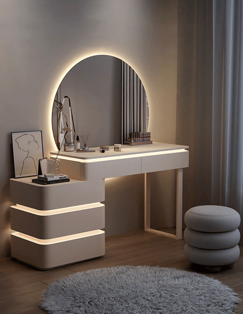 Mẫu bàn trang điểm hiện đại với gương đèn LED tích hợp ánh sáng trung tính chuẩn studio