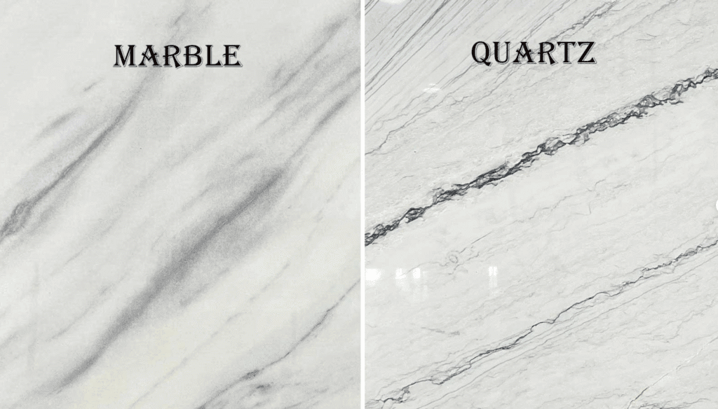 So sánh vẻ đẹp vân đá Marble tự nhiên và đá nhân tạo Quartz trên bàn bếp hiện đại