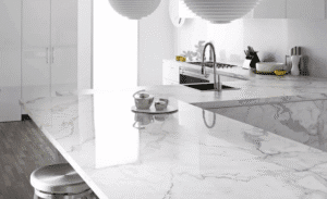 Bàn đảo bếp uốn cong mềm mại sử dụng đá nhân tạo Solid Surface liền khối không mối nối