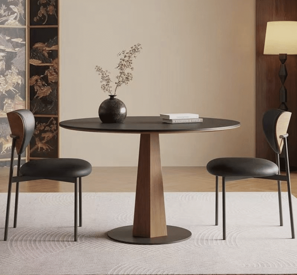 Chi tiết chân bàn và đèn trang trí bằng kim loại đen mờ (Matte Black) tạo điểm nhấn sắc nét
