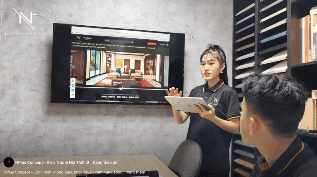 Kiến trúc sư đang dựng phối cảnh 3D nội thất phòng khách trên máy tính để khách hàng hình dung không gian