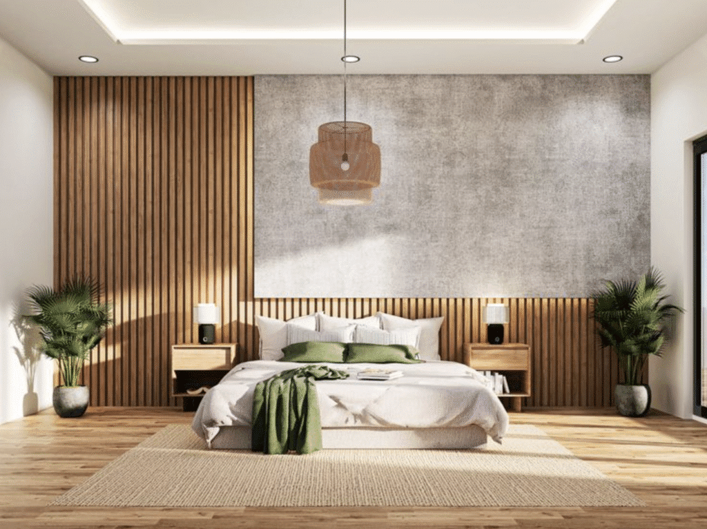 hối cảnh 3D mô phỏng hiệu ứng ánh sáng đèn LED và ánh sáng tự nhiên trong phòng ngủ master
