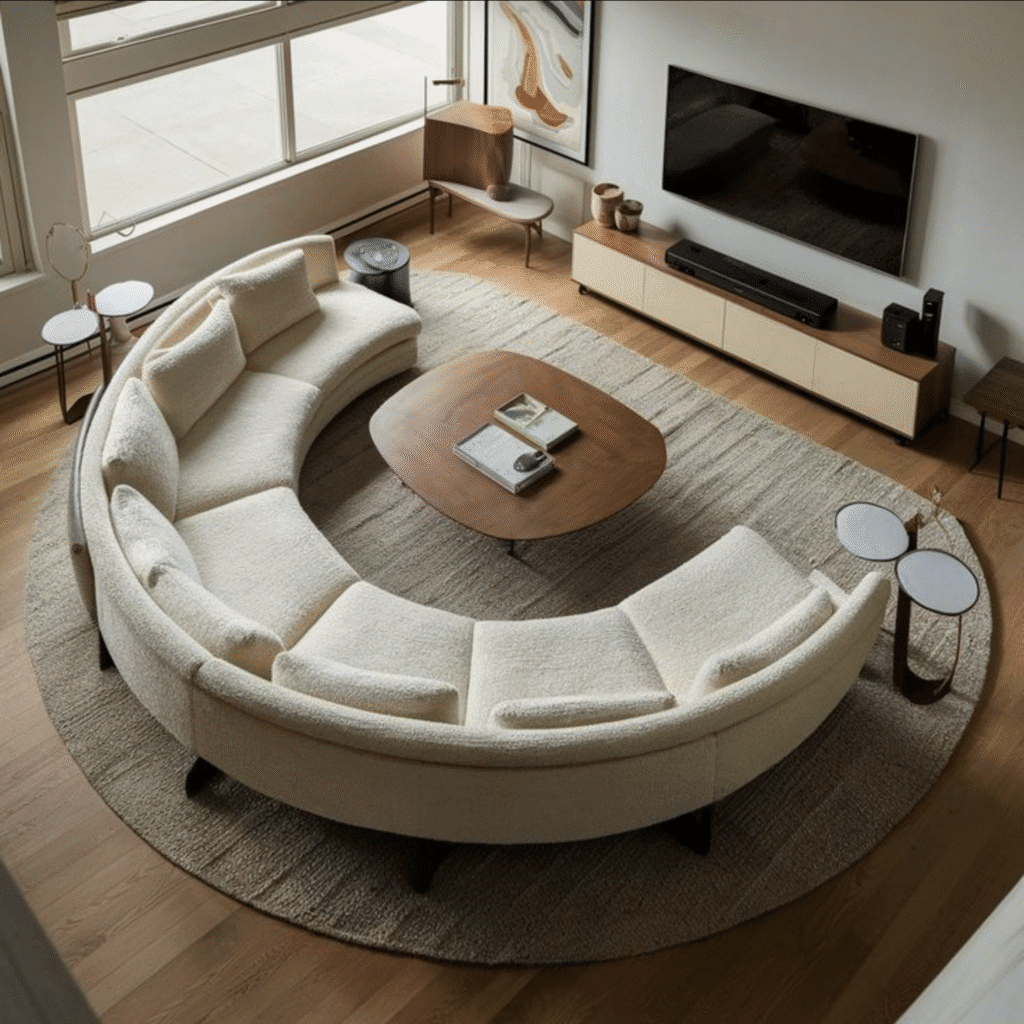 Phòng khách hiện đại với sofa bo tròn và cửa vòm tạo cảm giác mềm mại nữ tính