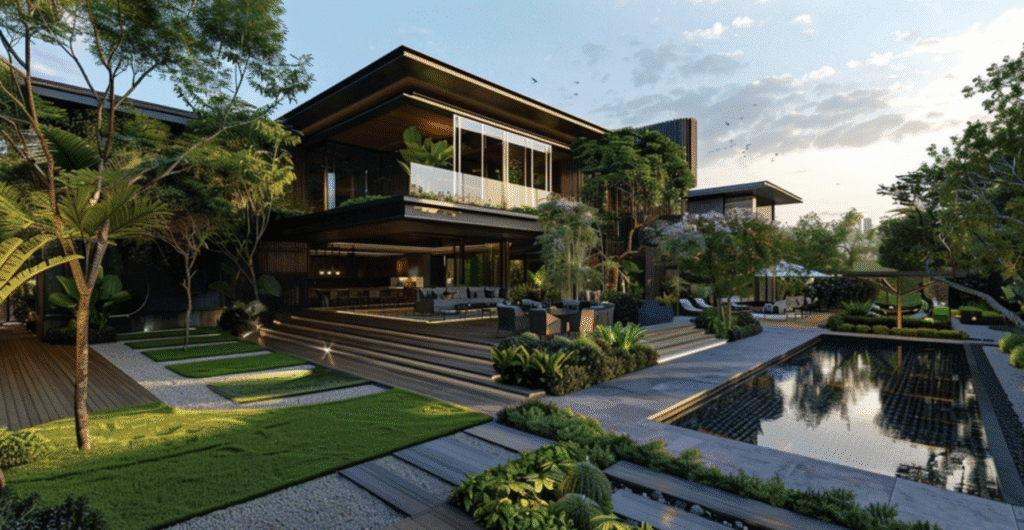 Phối cảnh ngoại thất biệt thự với lối đi sân vườn dẫn dắt thị giác tập trung vào kiến trúc chính