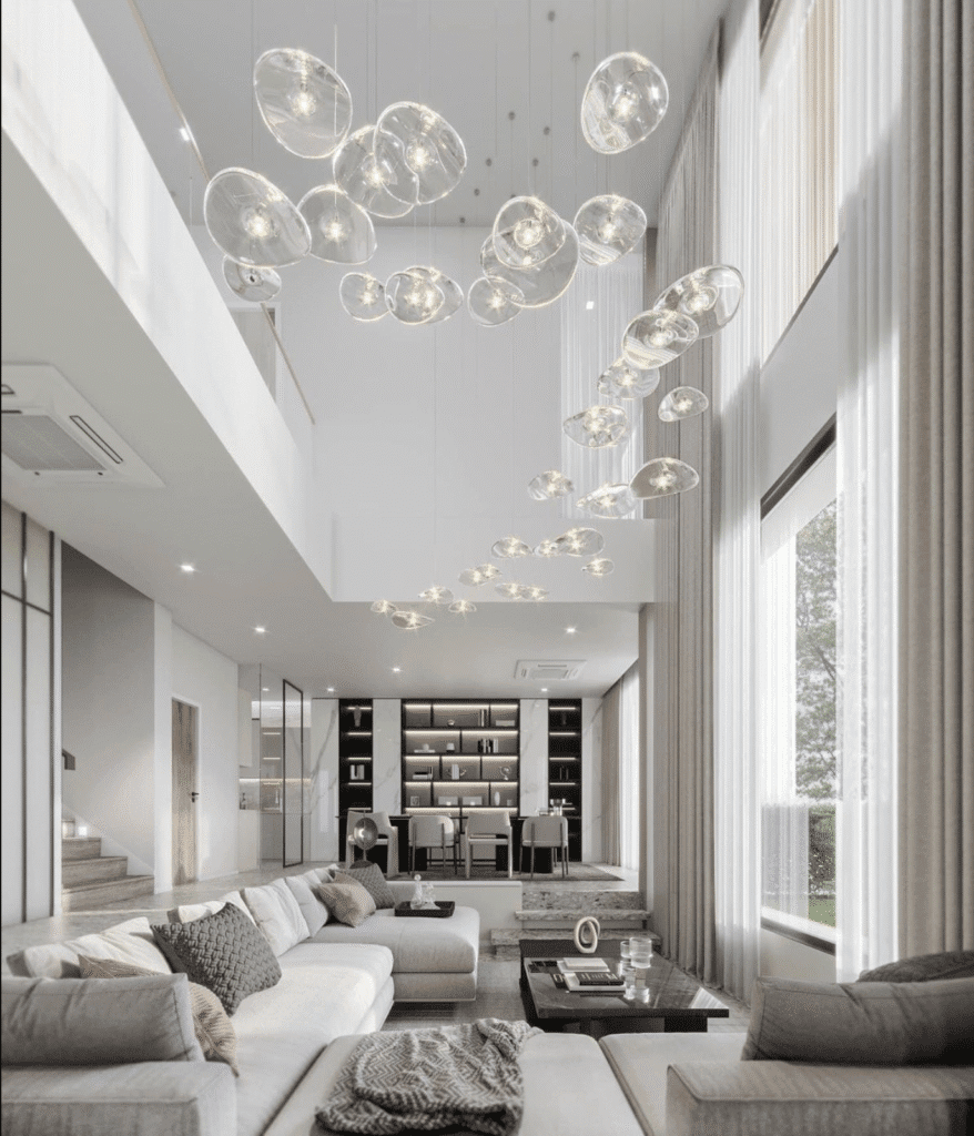 Phòng khách hiện đại với thiết kế ánh sáng phân lớp (Layering Lighting) tạo chiều sâu và cảm xúc