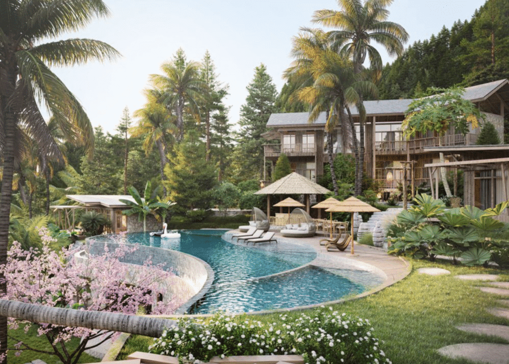 Hồ bơi uốn lượn mềm mại tại Casa das Canoas hòa quyện với thiên nhiên rừng nhiệt đới