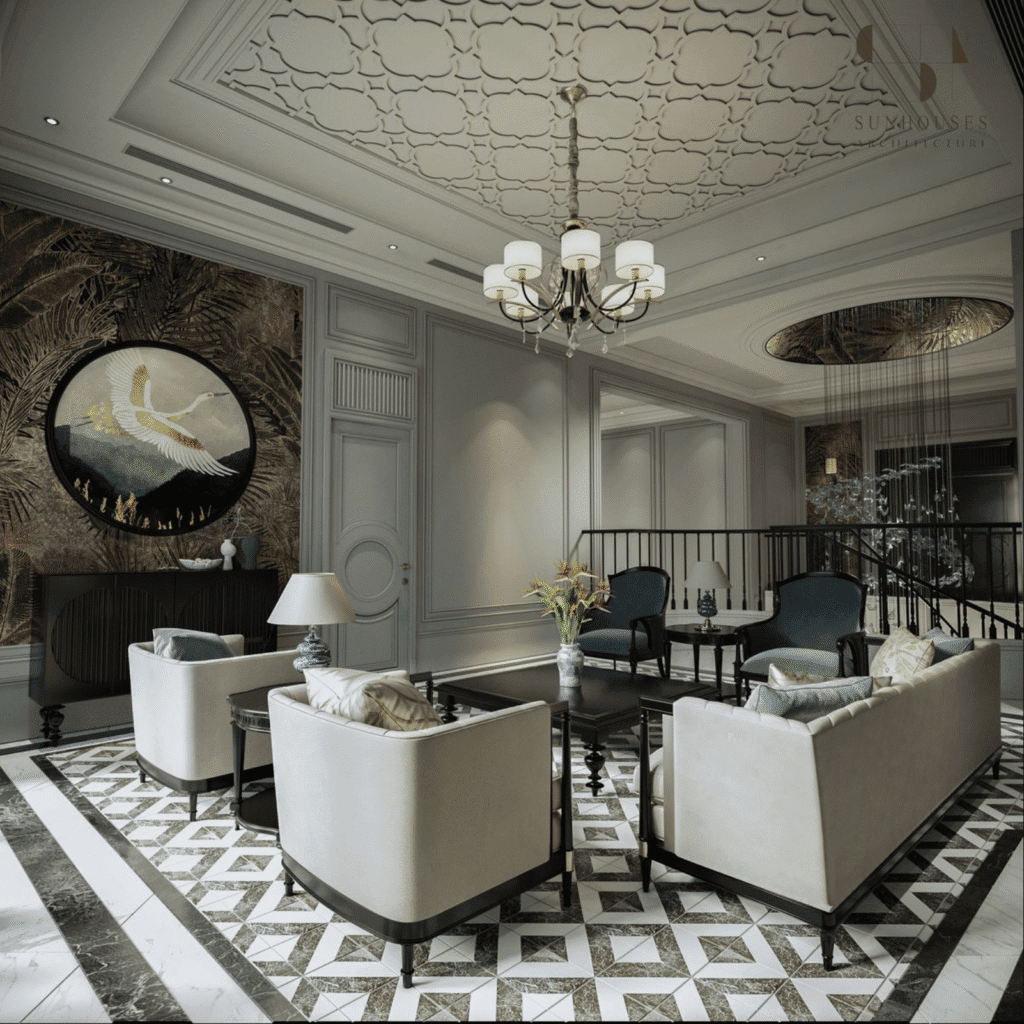 Phòng trò chuyện (Salon de Conversation) với sofa lục giác màu xanh và trần nhà mô phỏng bầu trời