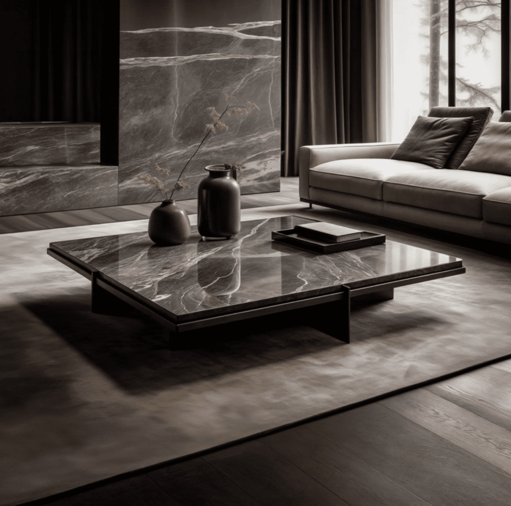Phòng khách sang trọng với điểm nhấn là bàn trà Minotti mặt đá marble kết hợp chân kim loại tinh tế