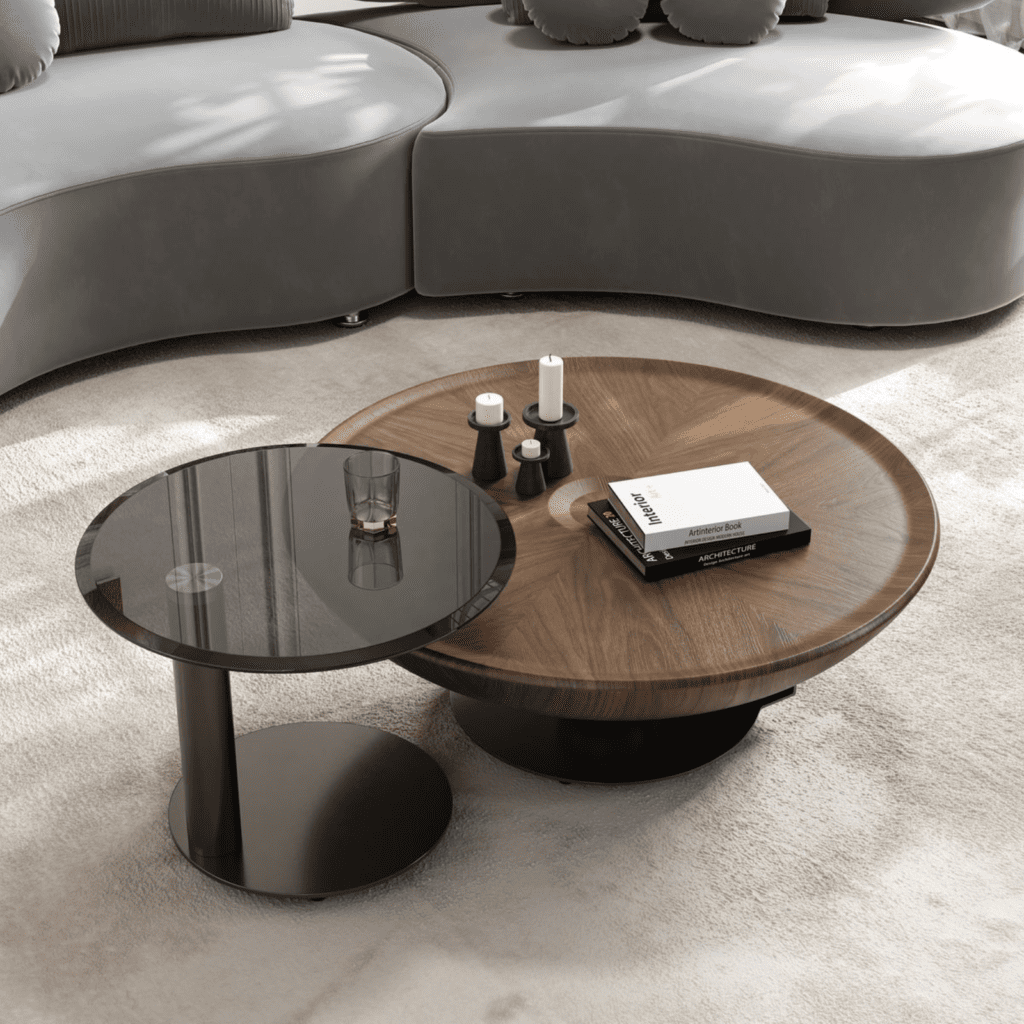 Nghệ thuật sắp đặt bàn trà đôi (Nesting tables) phong cách Minotti tạo chiều sâu cho phòng khách biệt thự