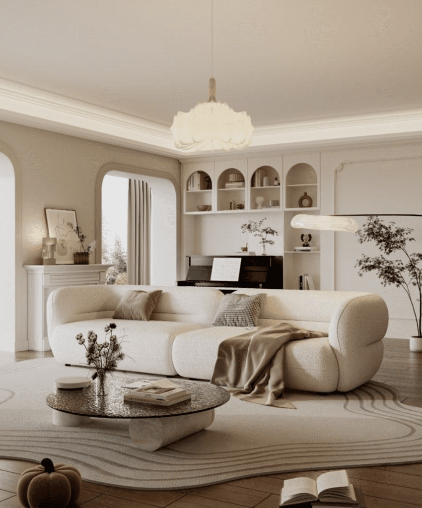 Phòng khách phong cách Elegant Decor với tông màu kem sang trọng và nội thất tinh tế