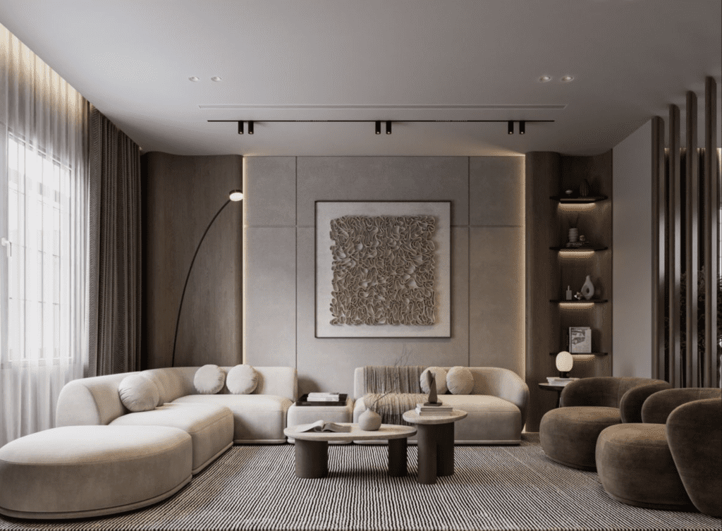 Không gian phòng khách biệt thự sang trọng thiết kế bởi Nplus Concept với phong cách Quiet Luxury tinh tế