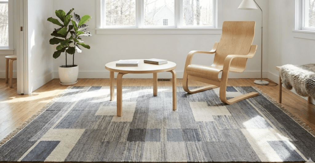Thảm trải sàn phong cách Scandinavian đặt dưới bộ bàn ghế gỗ uốn cong Plywood.