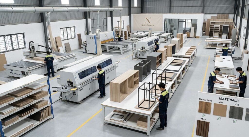 Đội ngũ đang sản xuất nội thất từ gỗ công nghiệp MDF, SPC