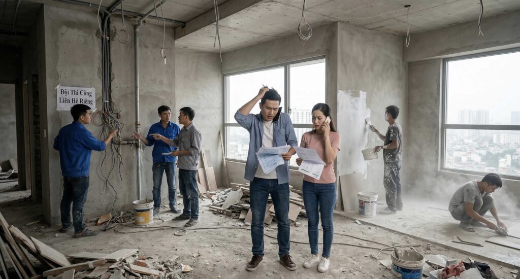 Gia chủ lo lắng và mệt mỏi khi tự quản lý nhiều đội thợ thi công nội thất riêng lẻ tại công trình