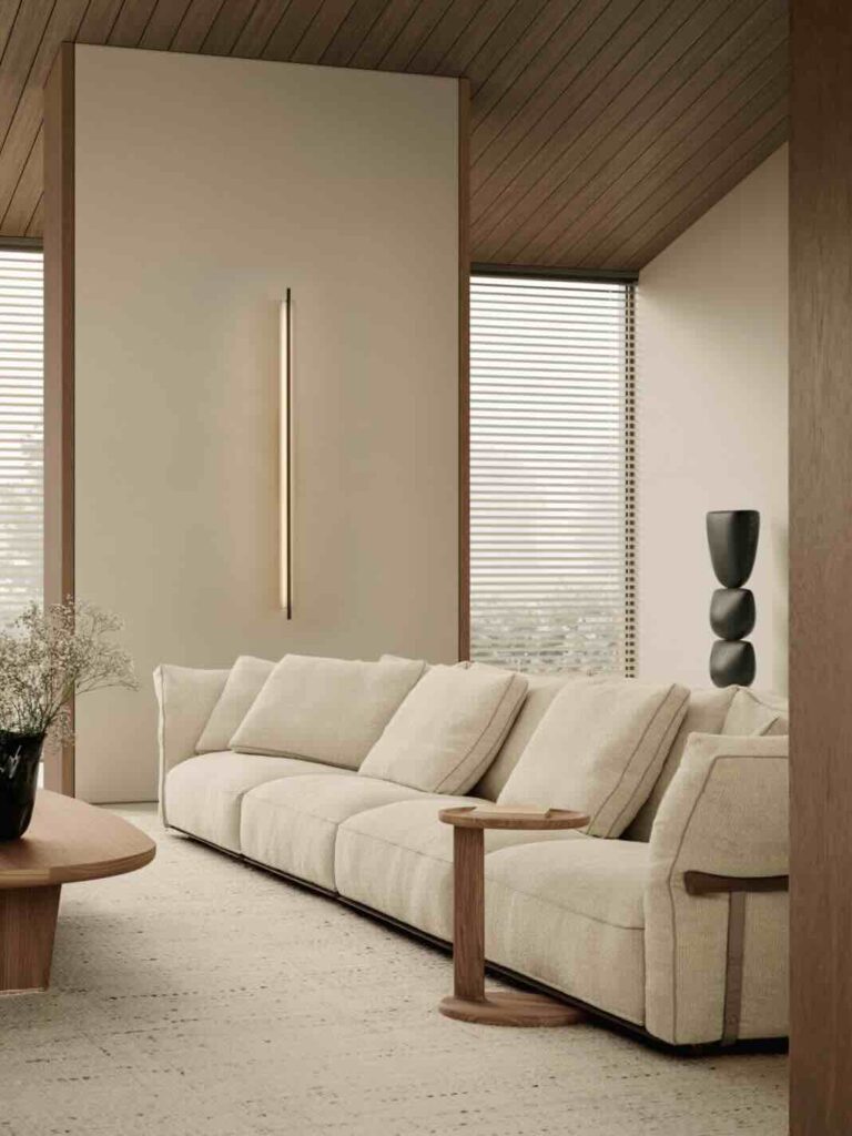 Sự kết hợp giữa kim loại và gỗ nguyên khối tạo nên sự tương phản với lớp đệm mềm mại.